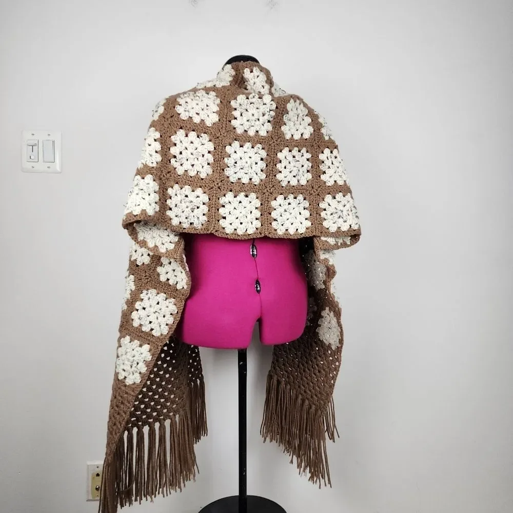 New Handmade Crochet Granny Square Shawl Wrap Scarf Brown Cream Boho Fringe